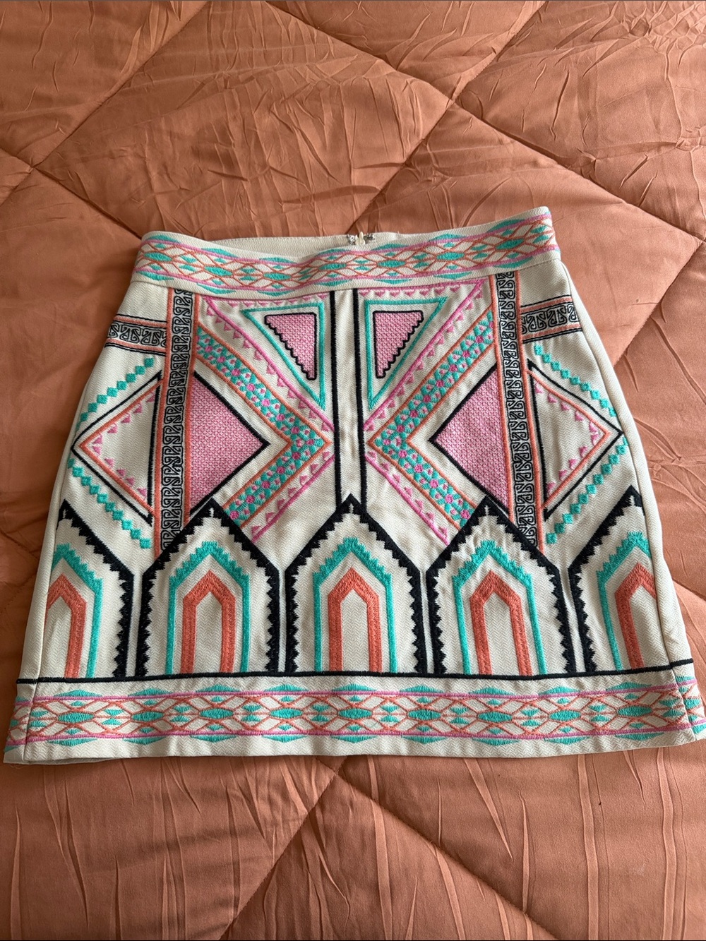 Champagne & Strawberry Embroidered Geometric Mini Skirt in Cream and Pink